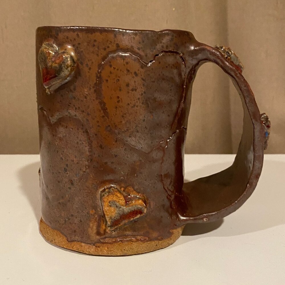 Vintage Studio Art Pottery Mug with Hearts 5"x6.5" One-of-a-Kind Handmade